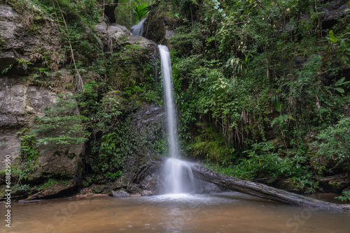 Beautiful natural Montathan Waterfall in the deep forest on the mountain in Doi Suthep National Park is the travel destination and attraction adventure style of Chiang Mai  Thailand.