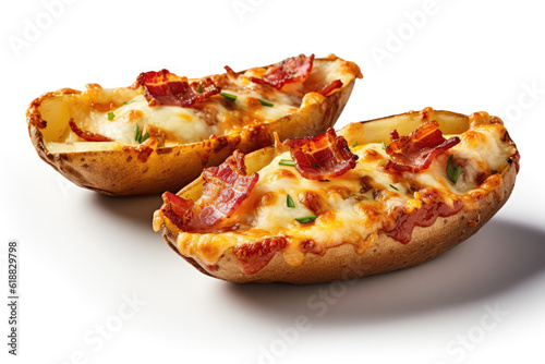 Cheese And Bacon Potato Skins On A White Background. Generative AI