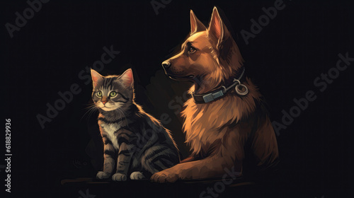 Cute Cat And Dog With Collars On Black Background. Generative AI © Ян Заболотний