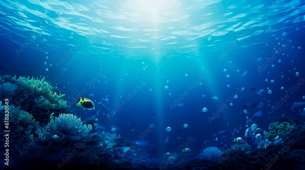 Naklejka premium Ocean Underwater Background with Fishes, copy space