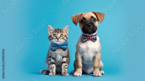 Happy Cute Kitten And Puppy With Collars On Blue Background. Generative AI