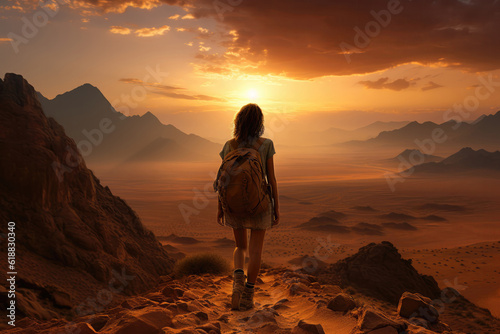 Young Traveler In Of A Mystical Desert Landscape With Sand Dunes. Generative AI