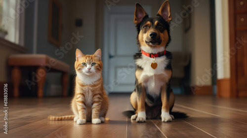 Happy Cute Cat And Dog With Collars On The Floor. Generative AI © Ян Заболотний