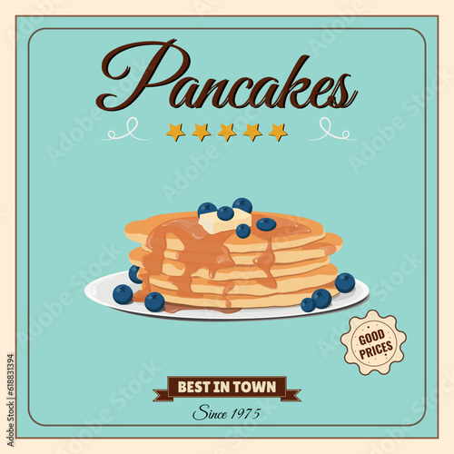 
Vintage advertising poster with a stack of pancakes with honey, blueberries, butter or maple syrup. Cartoon flat vector illustration. Delicious American brunch.