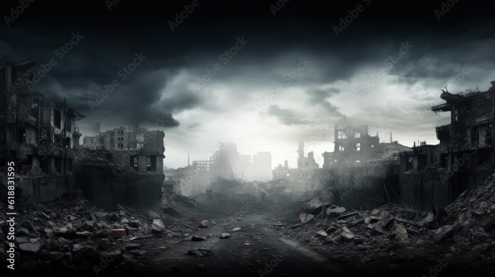 War-torn city with destroyed buildings background with empty space for text