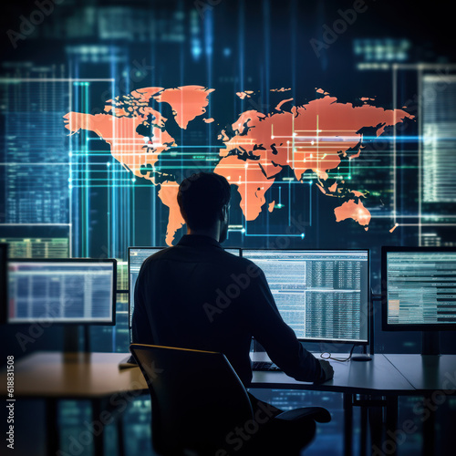 Cutting-edge Vision: Tech Guru in Futuristic Data Center Utilizing Laptop Amidst Warehouse, Streamlined Digitalization with Server-Based Information. SAAS, Cloud Computing, Web Service Empowered
