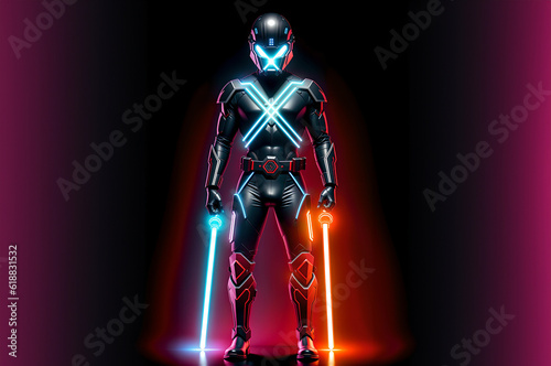 Photo of a man wearing a futuristic suit with neon lights