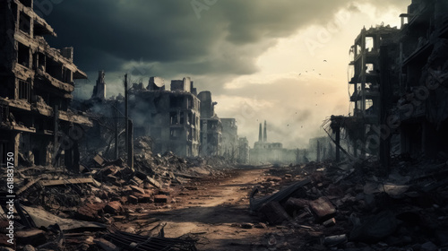 War-torn city with destroyed buildings background with empty space for text