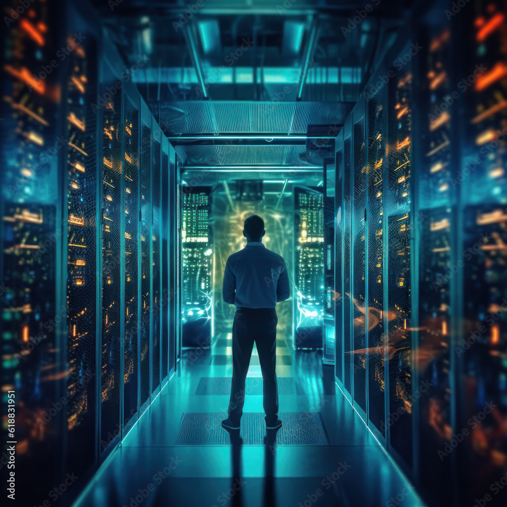 Cuttingedge Vision Tech Guru in Futuristic Data Center Utilizing Laptop Amidst Warehouse