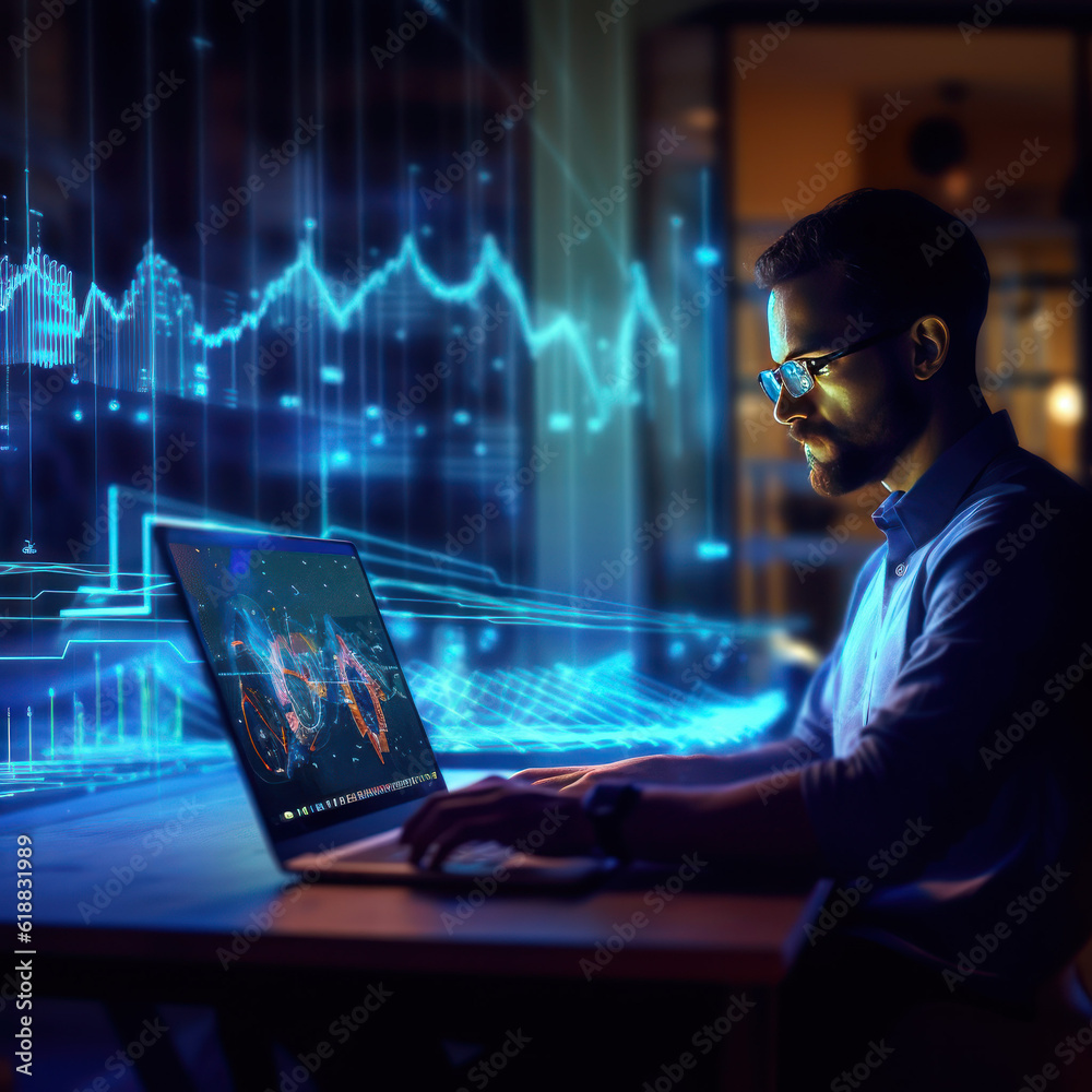 Cuttingedge Vision Tech Guru in Futuristic Data Center Utilizing Laptop Amidst Warehouse