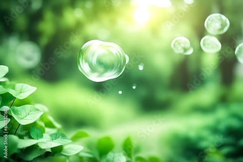 Abstract blurred green color for Background, Blurred leaves at the health garden outdoor, and Water Bubble Soft focus Generative AI