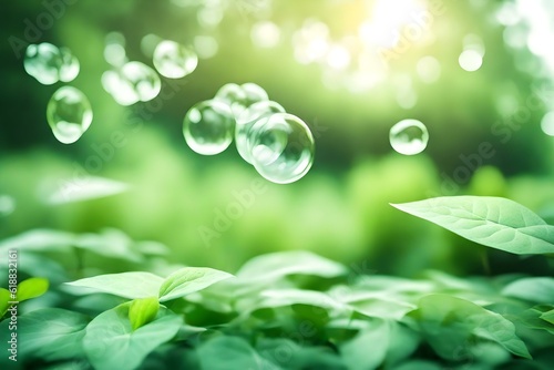 Abstract blurred green color for Background, Blurred leaves at the health garden outdoor, and Water Bubble Soft focus Generative AI