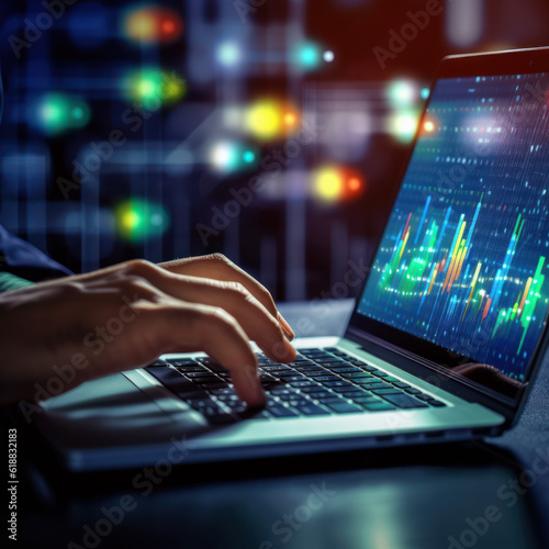 Cutting-edge Vision: Tech Guru in Futuristic Data Center Utilizing Laptop Amidst Warehouse, Streamlined Digitalization with Server-Based Information. SAAS, Cloud Computing, Web Service Empowered