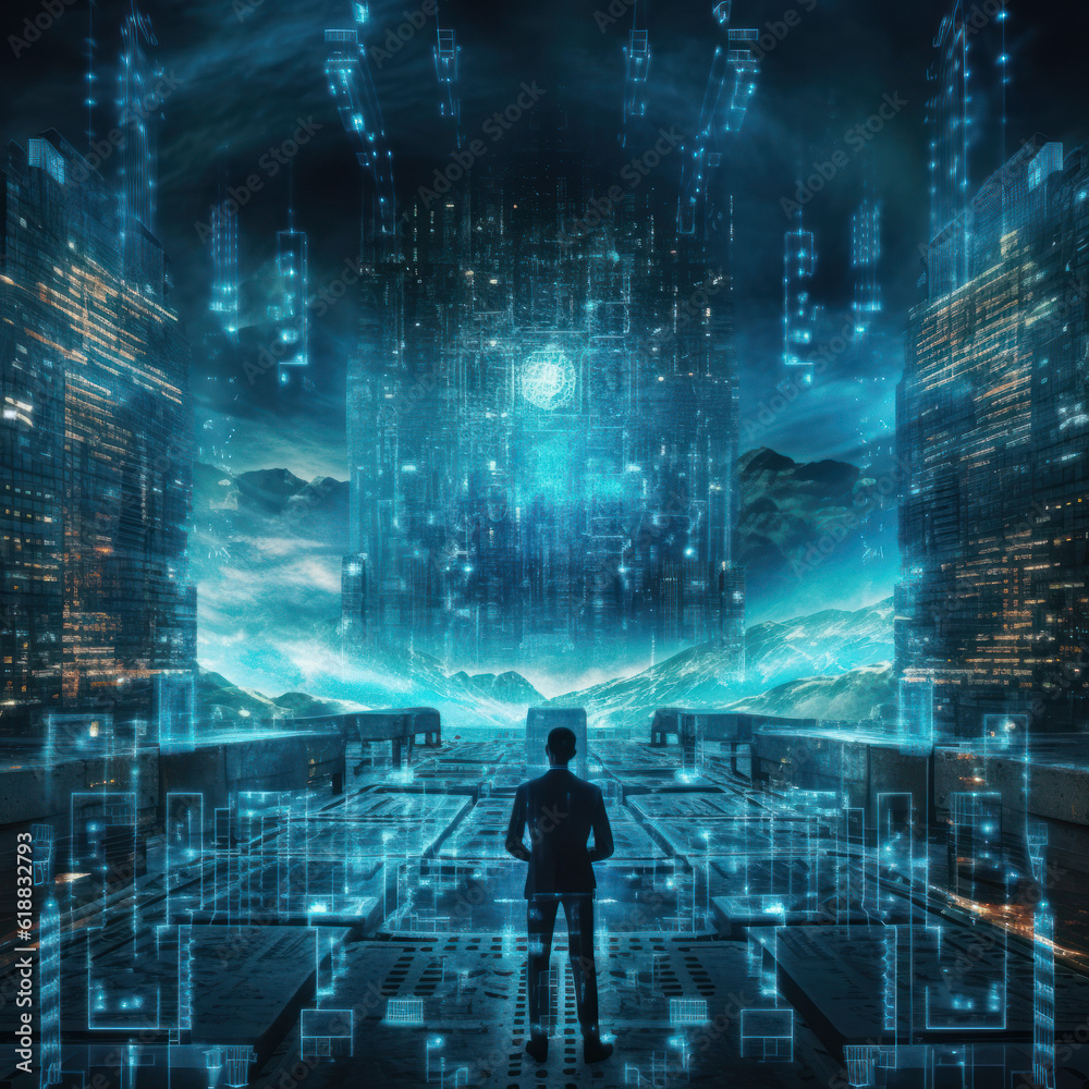 Cuttingedge Vision Tech Guru in Futuristic Data Center Utilizing Laptop Amidst Warehouse