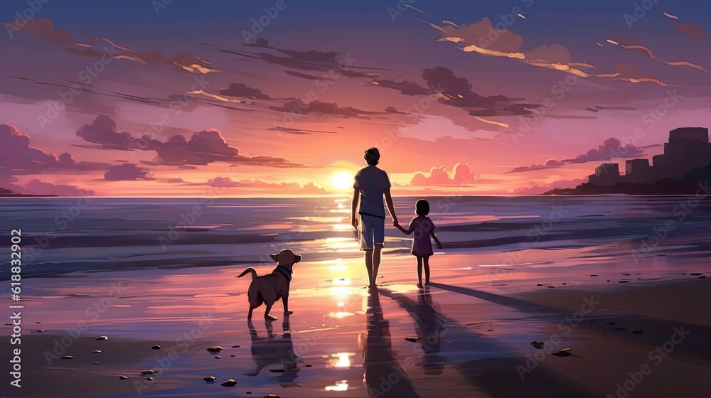 Photo of a family on the beach during sunset. Family silhouettes at sunset