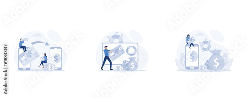Transfers money, Virtual finance concept with outline people scene, non-cash payment transactions, set flat vector modern illustration