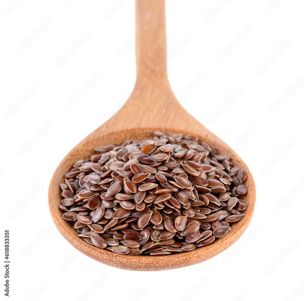 Flax seeds heap in wood spoon isolated on transparent png
