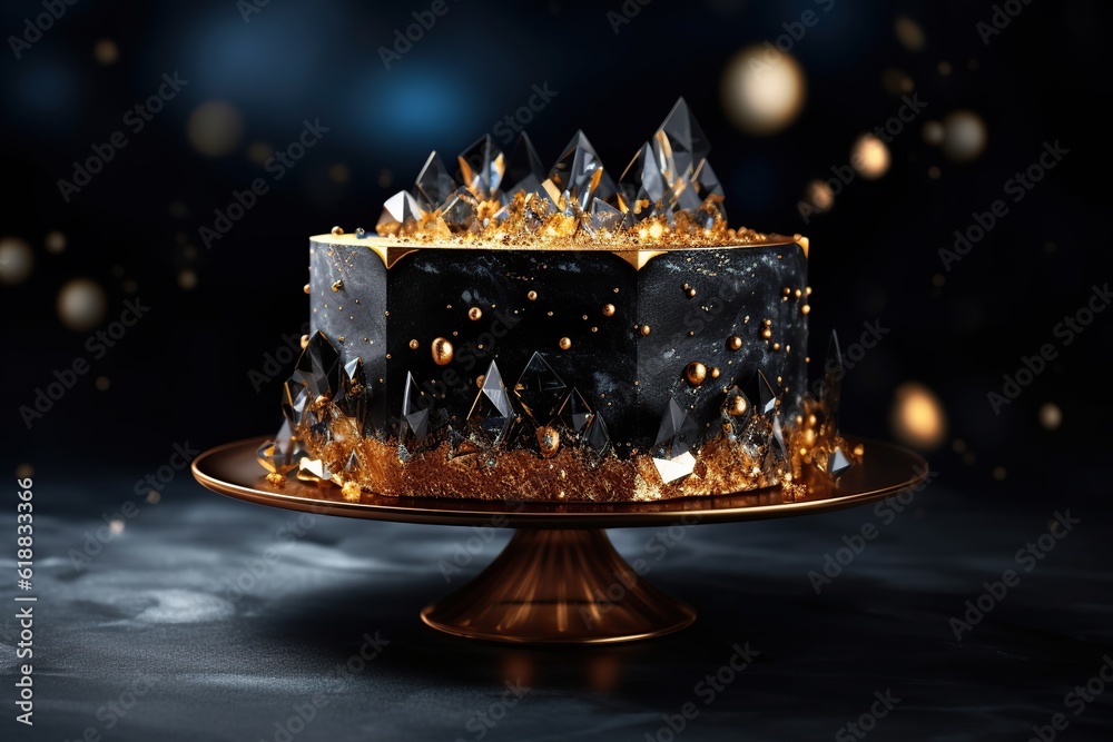 Black cake on a golden cake stand decorated with clear crystals. Generative AI