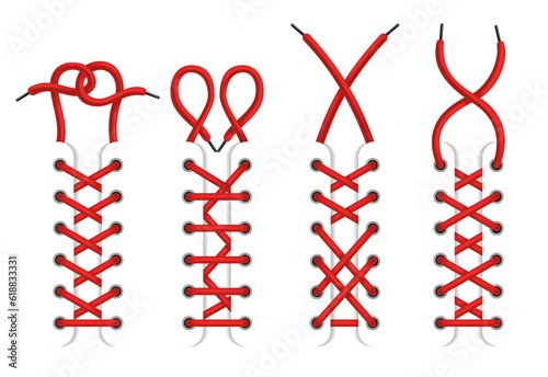 Red lace shoes. Schemes of tying shoelaces. Icon set with tied and untied shoelaces isolated on white background. Lace different options, how to lace up shoes