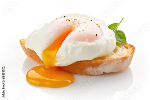 Sliced poached egg with liquid yolk flowing out on a slice of toasted bread isolated on a white background. Healthy bruschetta for breakfast with greenery. Generative AI.