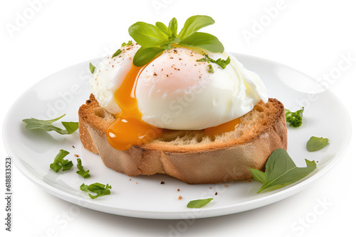 Sliced poached egg with liquid yolk flowing out on a slice of toasted bread isolated on a white background. Healthy bruschetta for breakfast with greenery on white plate. Generative AI. photo