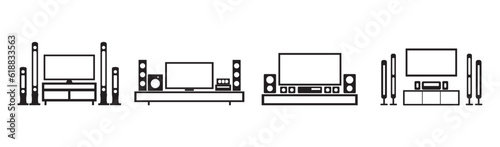 Home theater flat vector icon set. Flat electronics vector icon for home theater full HD system on white background. Modern icon isolated on white. Vector illustration for web.