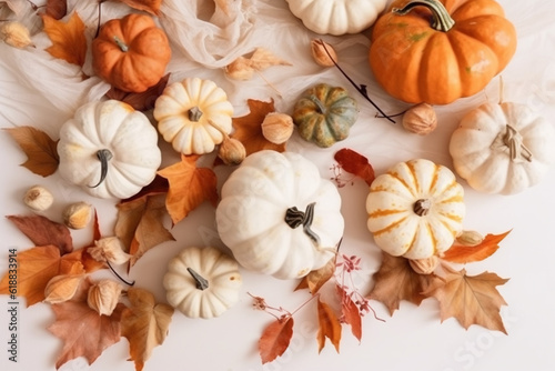 thanksgiving pumpkins on rustic wooden background autumn harvest festival concept table setting banner © EvgeniiasArt