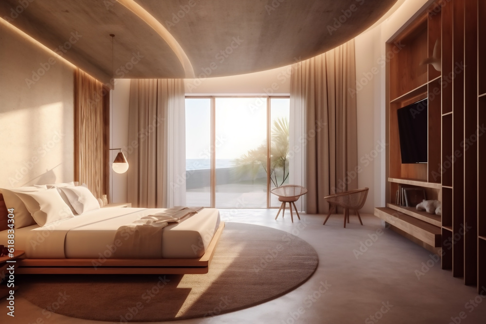 Modern minimalistic luxury hotel room and bedroom. Generative ai.