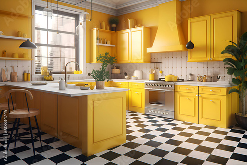 Kitchen design in yellow, Generative AI 2
