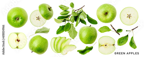 Fresh green apple fruits isolated. PNG with transparent background. Flat lay. Without shadow.