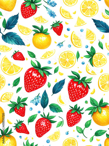 Straberries and lemons pattern flat background  seamless pattern illustration.
