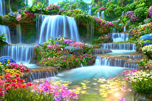 Paradise land with beautiful gardens, waterfalls and flowers, magical idyllic background with many flowers in eden. © Cobalt
