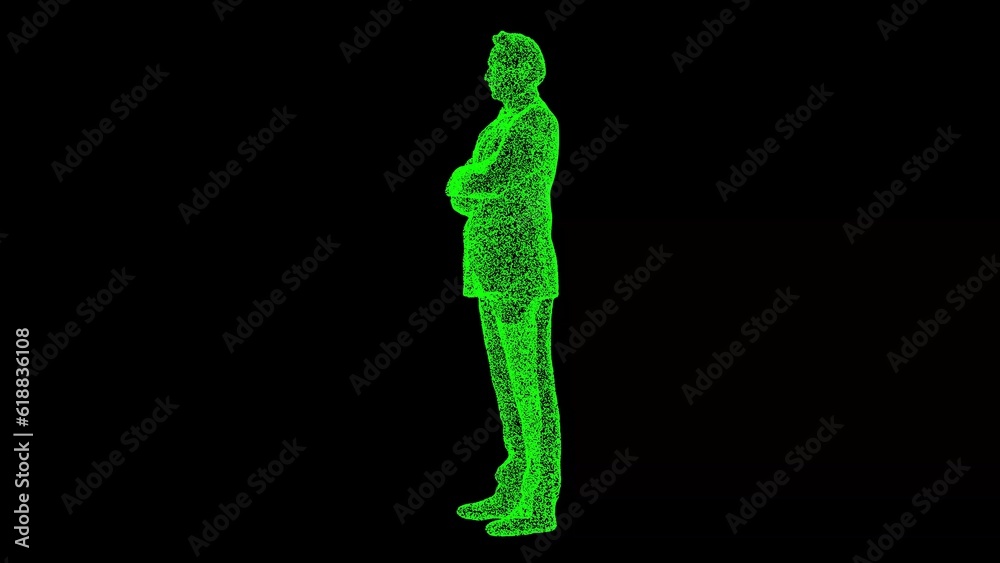 3D figure of a businessman with crossed arms on black background. The man shakes hands. A business man reflects. Business concept. For title, text, presentation. 3d animation. 3D figure of a businessman with crossed arms on black background. The man shakes hands. A business man reflects. Business concept. For title, text, presentation. 3d animation.