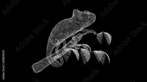 3D chameleon on black background. Object made of shimmering particles. Wild animals concept. Protection of the environment. For title, text, presentation. 3d animation.