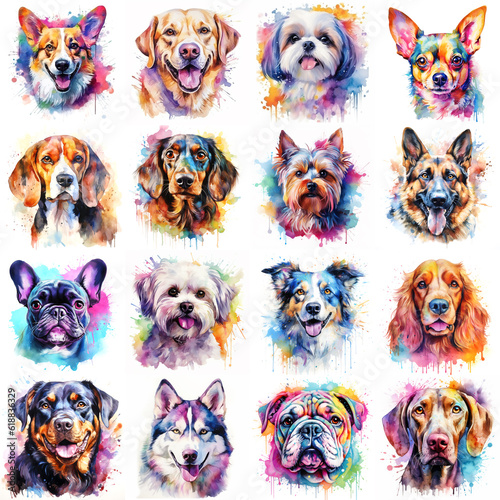 Leinwand Poster Set of dogs of various breeds painted in watercolor on a white background in a realistic manner, colorful, rainbow