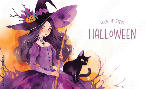 Halloween banner with tradition symbols. Witch and black cat illustration. Generated AI