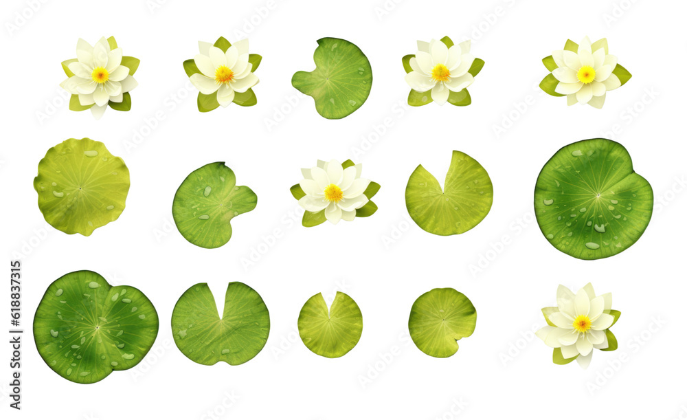 collection of lily pads and lotus flowers isolated on a transparent