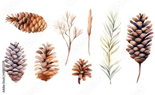 collection of soft watercolor pinecones and twigs isolated on a transparent background, generative ai