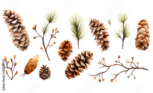collection of soft watercolor pinecones and twigs isolated on a transparent background, generative ai