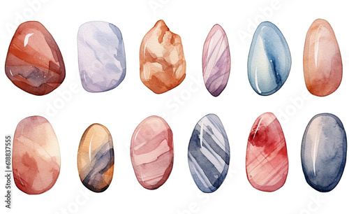 collection of soft watercolor stones isolated on a transparent background, generative ai