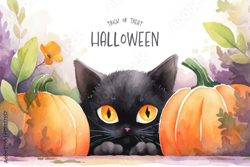 Halloween banner with tradition symbols. Pumpkins and black cat illustration. Generated AI