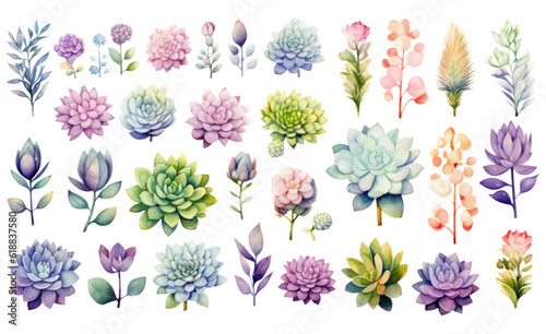 collection of soft watercolor succulents and cacti flowers isolated on a transparent background, generative ai