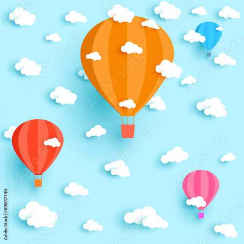 Sky background illustration with balloons and clouds. paper cut and craft style.