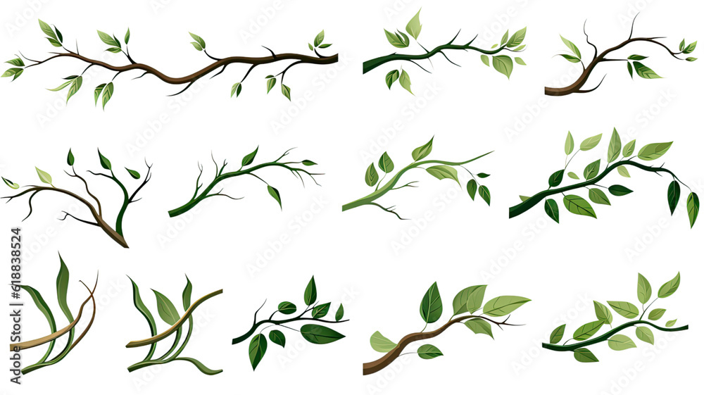 collection of twisted jungle branches with leaves isolated on a transparent background, generative ai