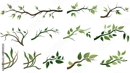 collection of twisted jungle branches with leaves isolated on a transparent background, generative ai © Perfect PNG