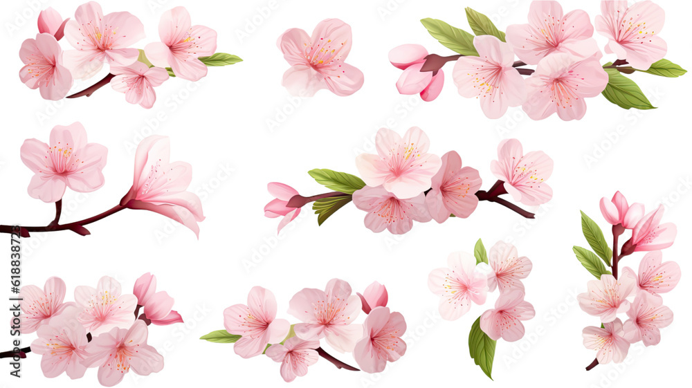 collection of cherry blossoms flowers isolated on a transparent background, generative ai collection of cherry blossoms flowers isolated on a transparent background, generative ai