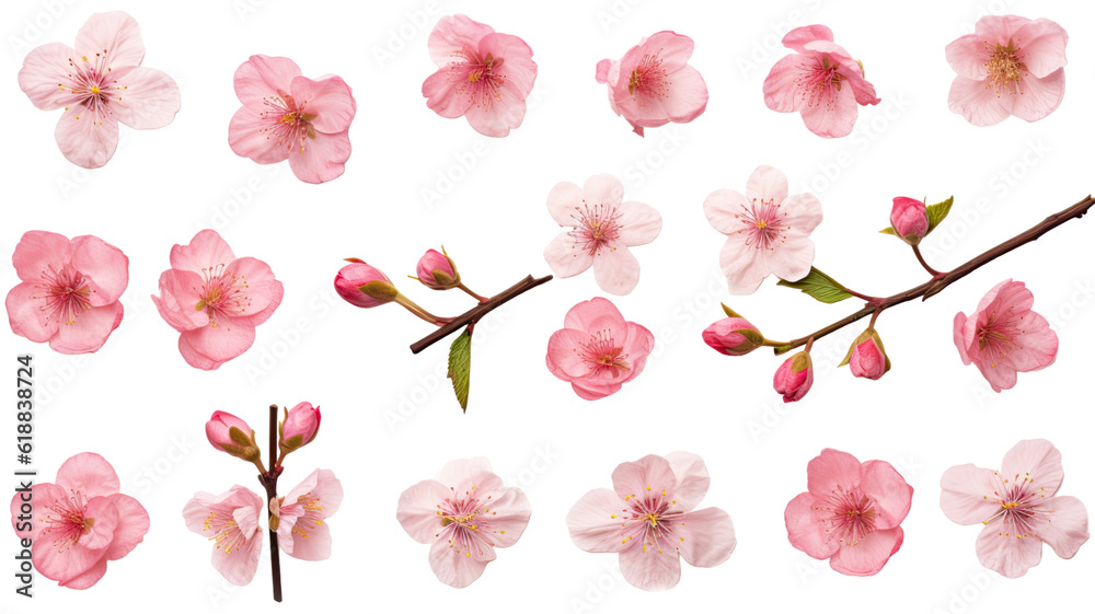 collection of cherry blossoms flowers isolated on a transparent background, generative ai