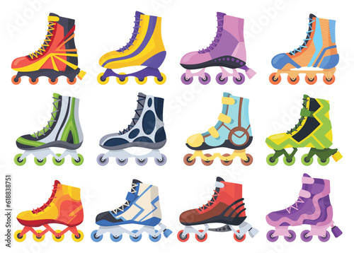 Rollerskates. Cartoon roller skates, retro footwear on wheels, kid sport shoes. Inline skates vector icons. Summer sport equipment