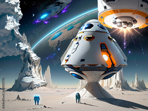 Future colonization: Humans thrive on an alien planet with majestic spaceships, mysterious white rocks, astronauts exploring, and a celestial panorama.