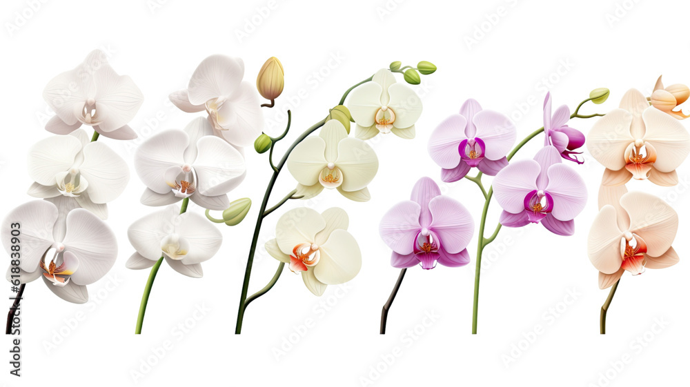 Obraz premium collection of orchids flowers isolated on a transparent background, generative ai